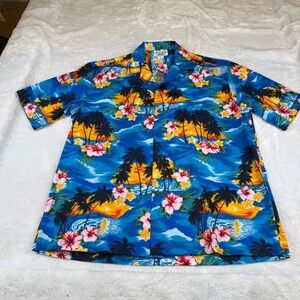 Pacific Legend Hawaiian Shirt Mens XL Blue Sunset Palm Tree Hibiscus Made in USA